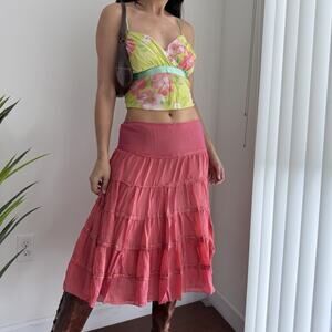 Vintage Silk Fairy Skirt 10 Pink Tiered Low Rise Y2K Swing Midi Peasant Eci NY